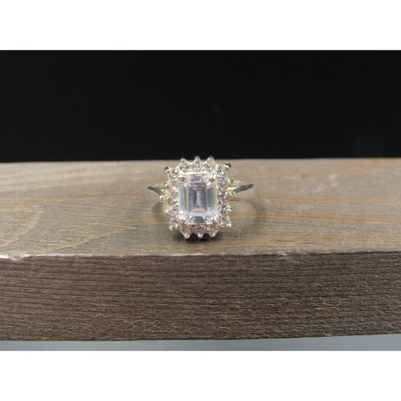 Size 7.75 Sterling Silver Tarnished Face Emerald Cut CZ Halo Band Ring - Picture 1 of 9